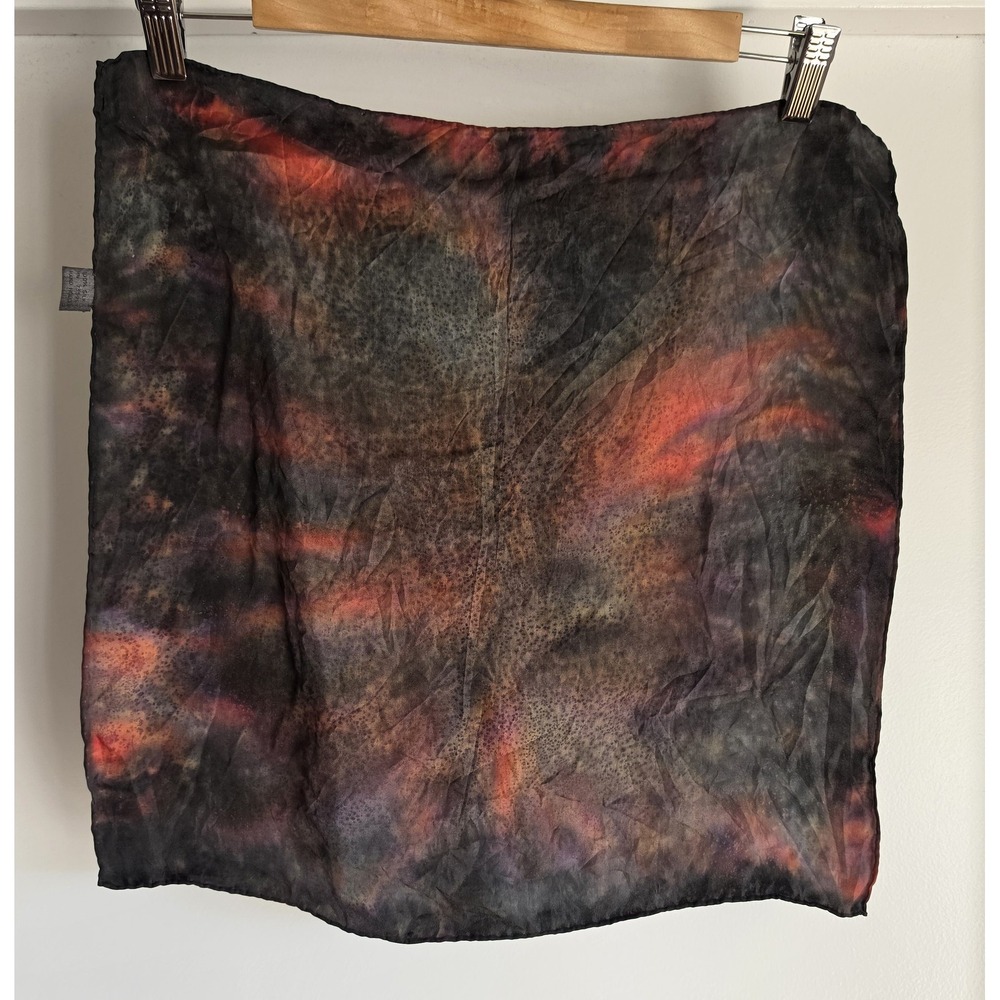 Silk Scarf Black Red Purple Tie-Dye Small Square Pocket Scarf Hand Rolled 16x16"
